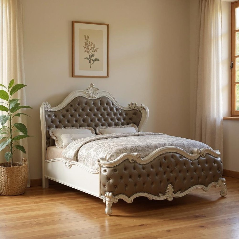 76" X 95" X 73" Vintage Gray Pu Bone White Wood Poly Resin Upholstery Queen Bed