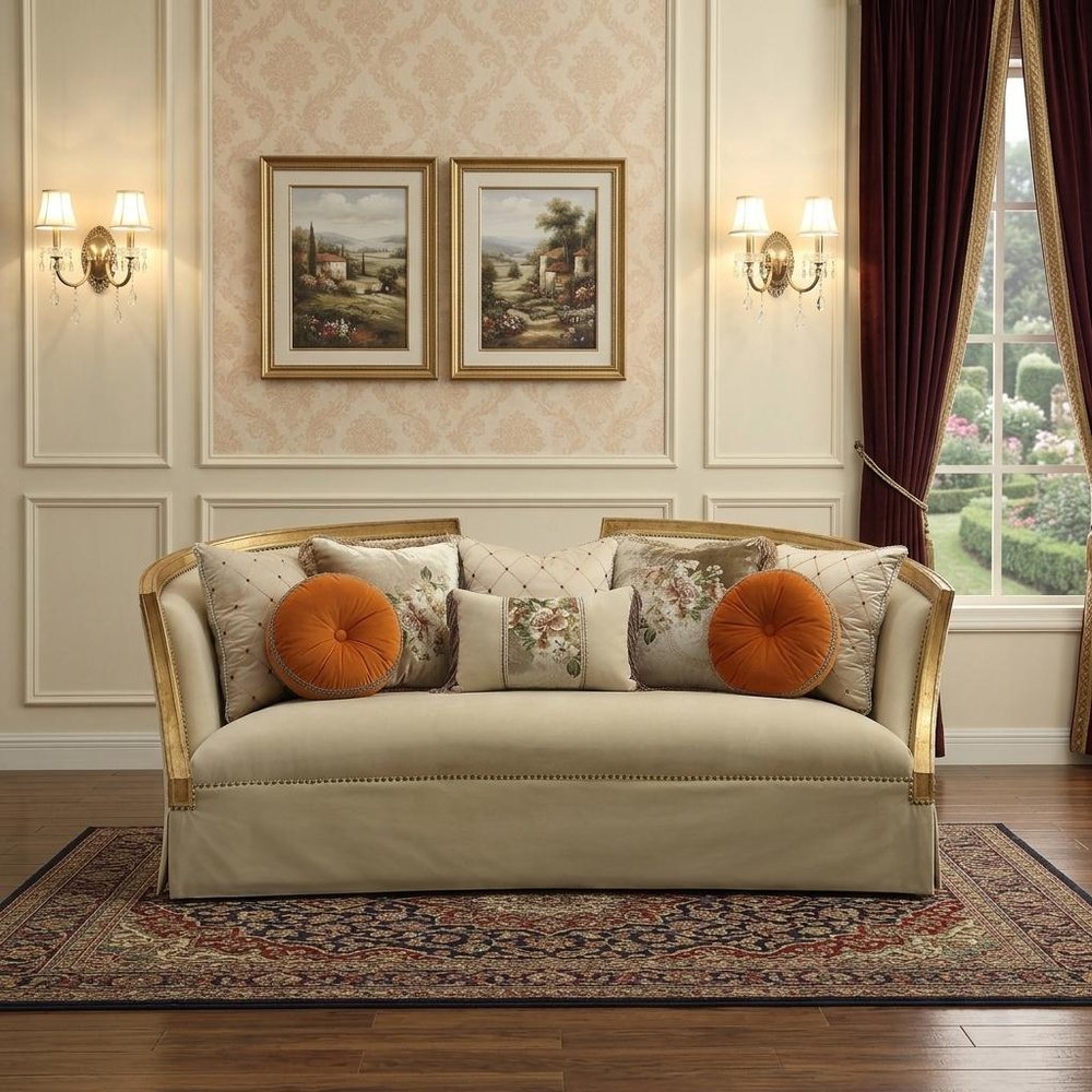 41" Beige Velvet Curved Sofa And Toss Pillows With Natural Legs