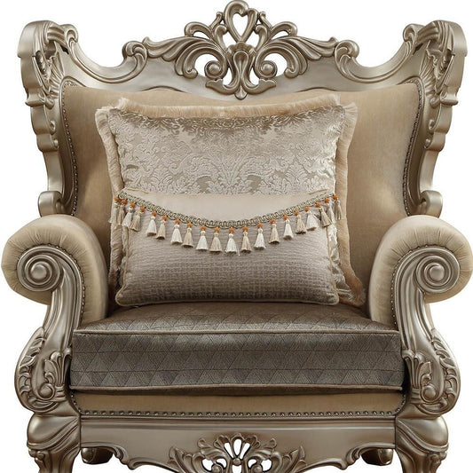 47" Beige Green and Champagne Fabric Geometric Arm Chair And Toss Pillow