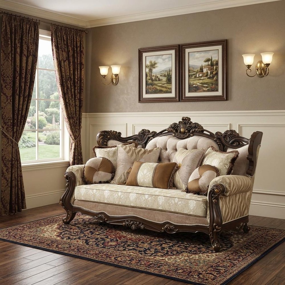 42" Beige Polyester Blend Curved Damask Sofa And Toss Pillows With Brown Legs