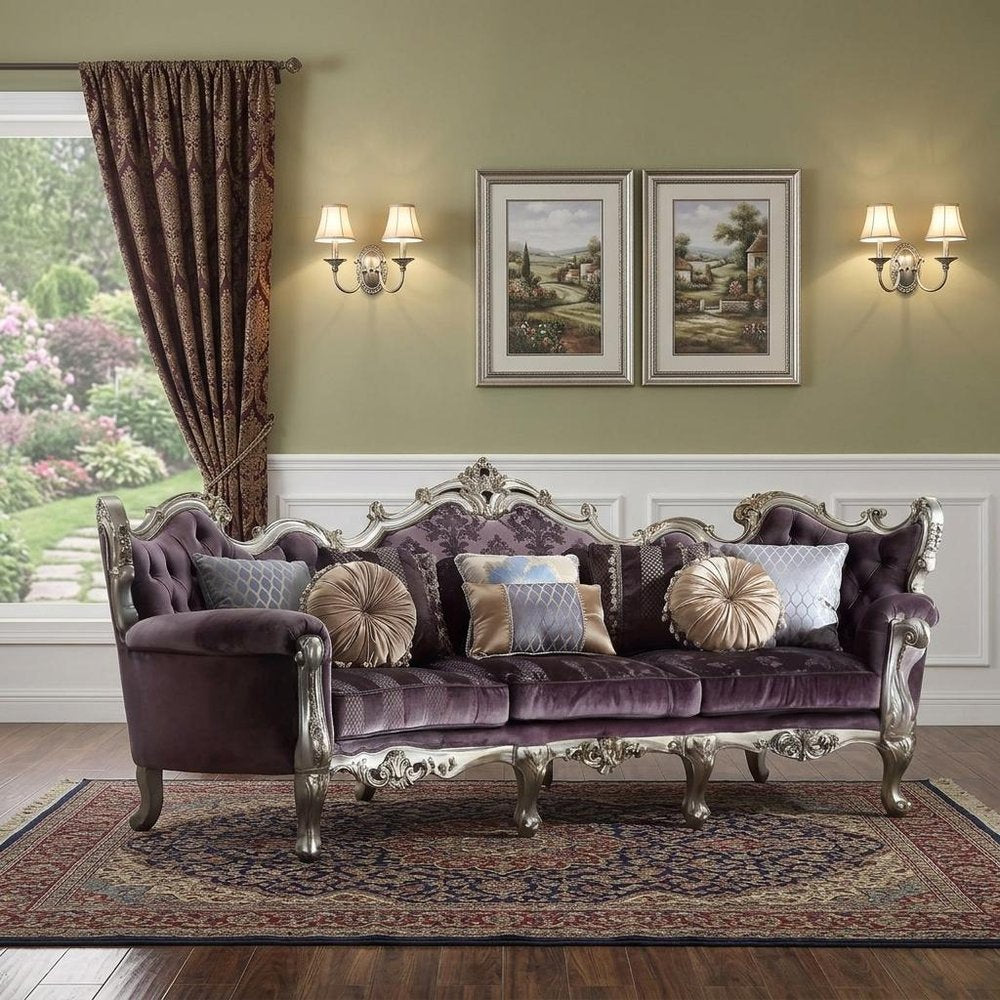 52" Dark Purple Velvet Curved Striped Sofa And Toss Pillows With Platinum Legs
