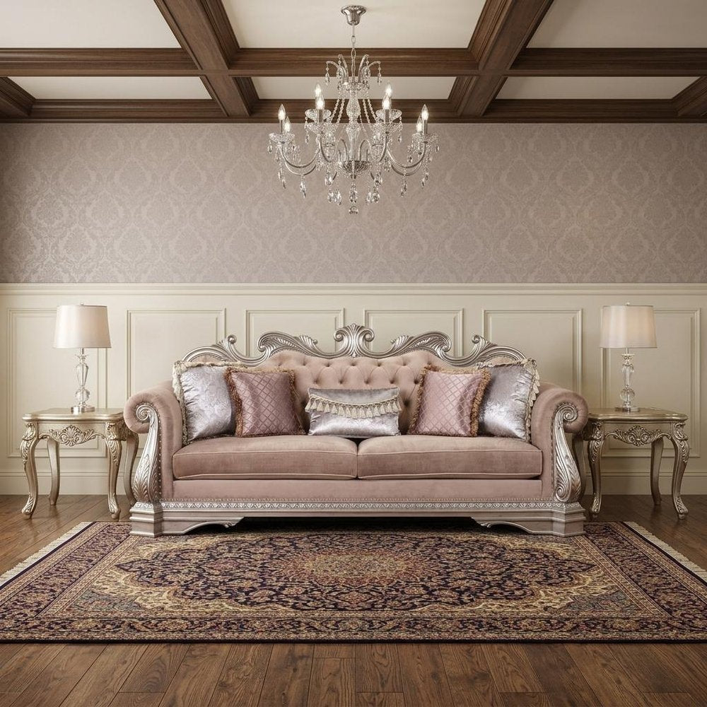 42" Rosegold Velvet Sofa And Toss Pillows With Silver Legs