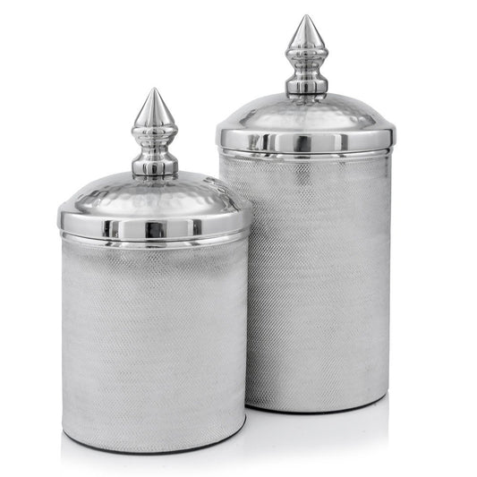 Set of Two Silver Aluminum Tweed Decorative Canisters