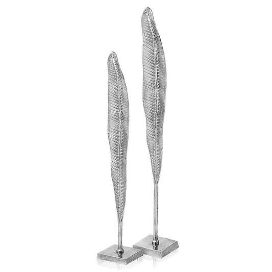 Set of Two Silver Aluminum Tall Feather Tabletop Sculptures