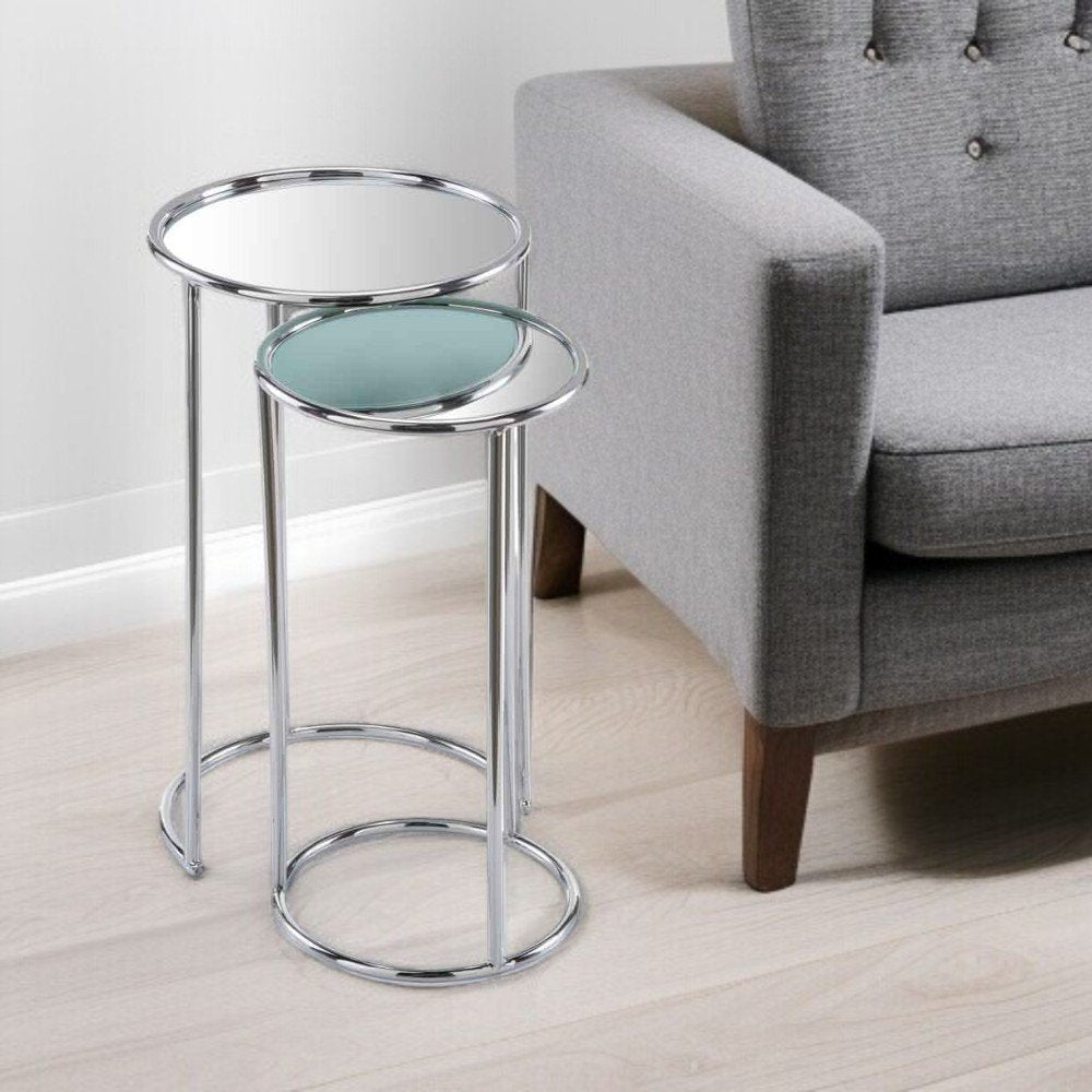 22" Silver Aluminum Round Mirrored End Table