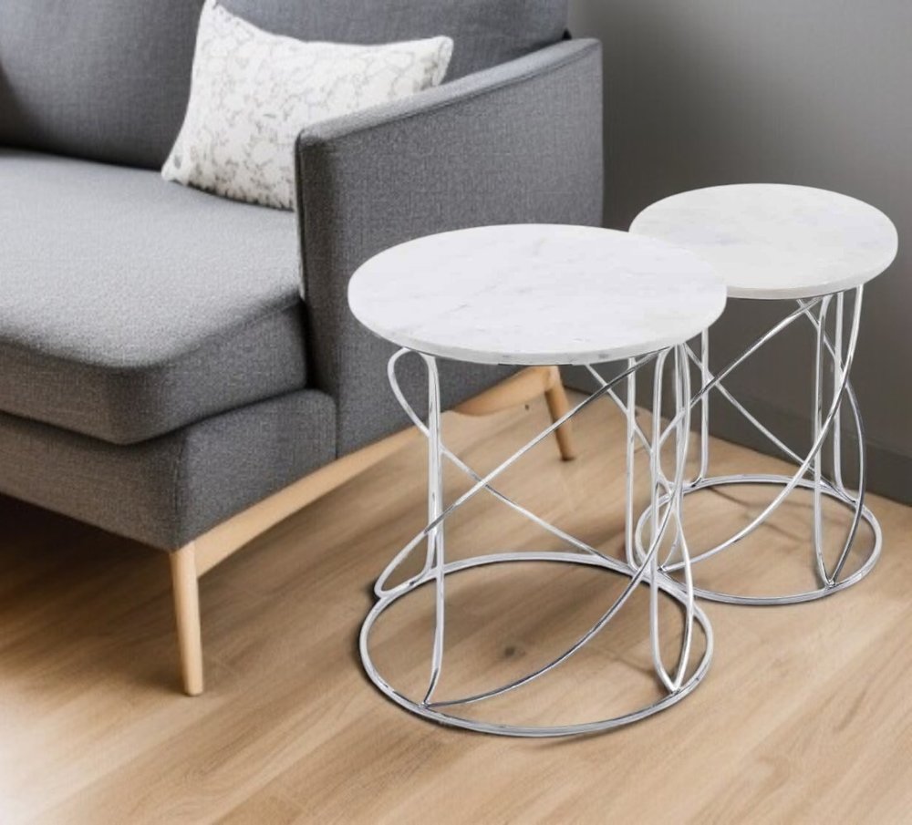 Set of Two White and Silver Marble and Metal Round Pedestal End Tables