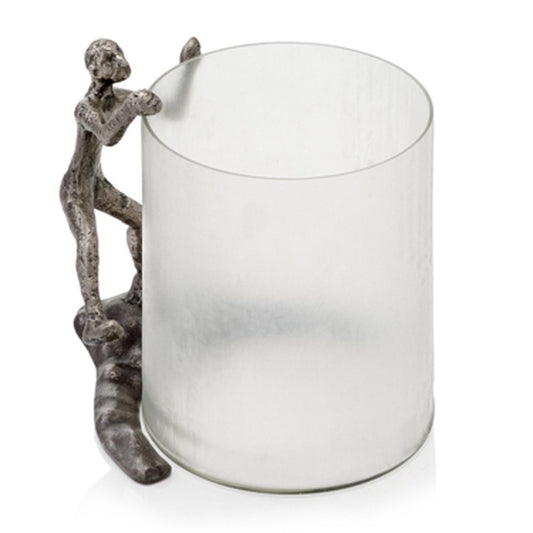 10" Silver And Glass Climbing Man Hurricane Candle Holder