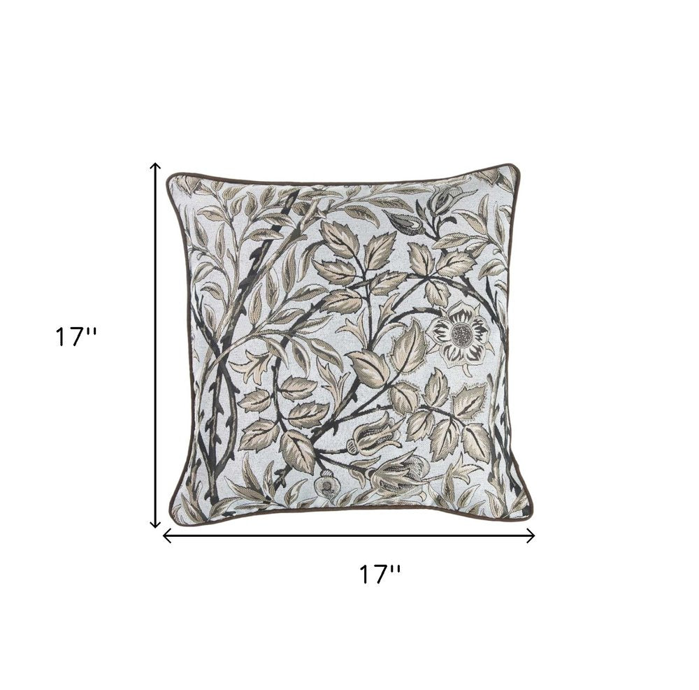 17" Blue Beige and Black Floral Throw Pillow Cover