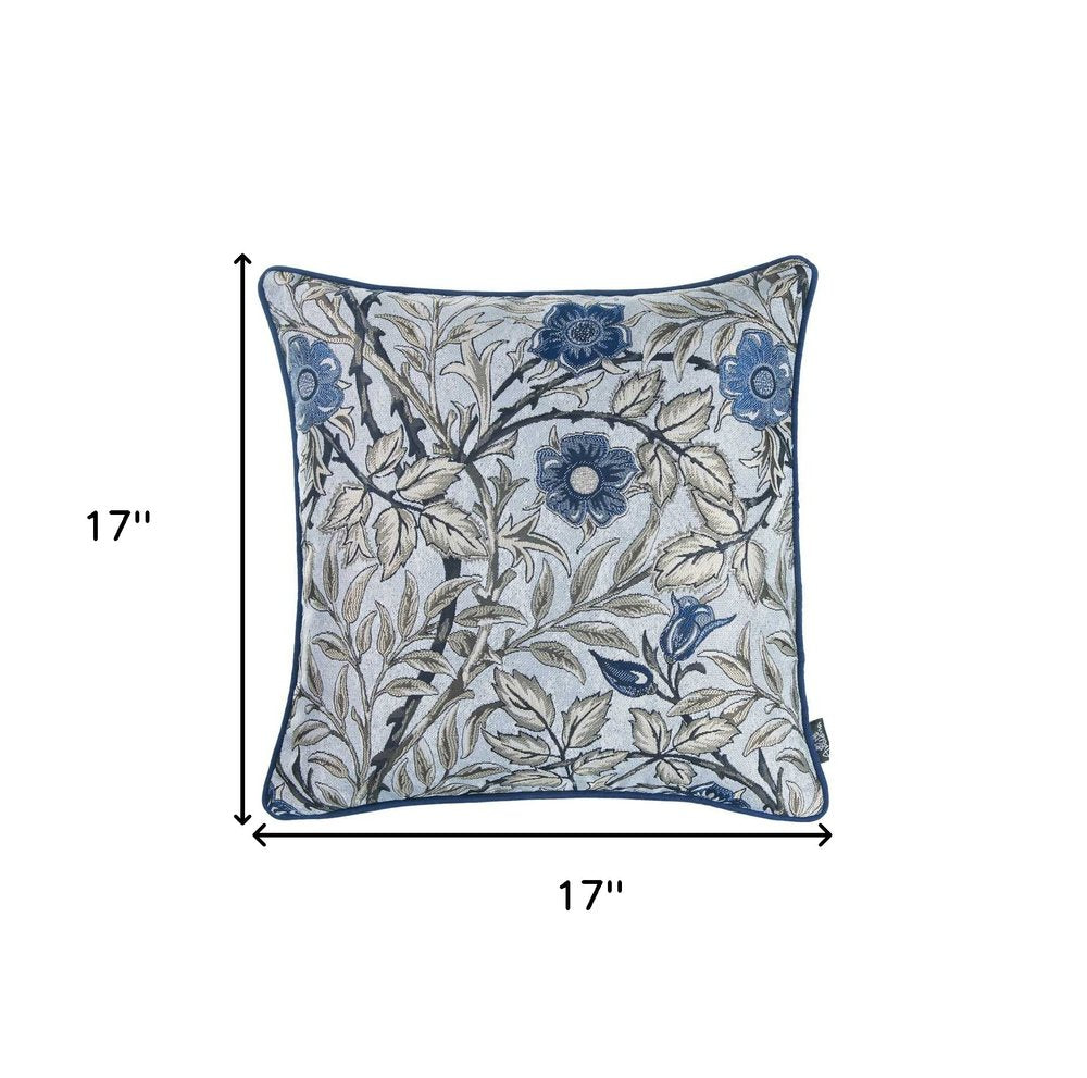 17" Beige And Blue Floral Fabric Throw Pillow Cover