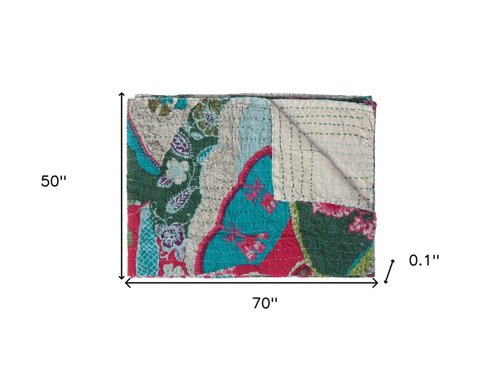 50" X 70" Green and Pink Kantha Cotton Abstract Throw Blanket with Embroidery