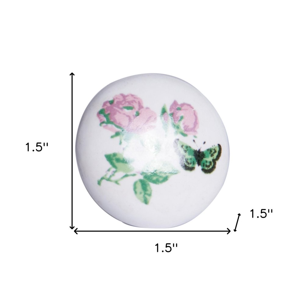 Set of Twelve Pink White And Green Floral Ceramic Drawer Pull Knobs