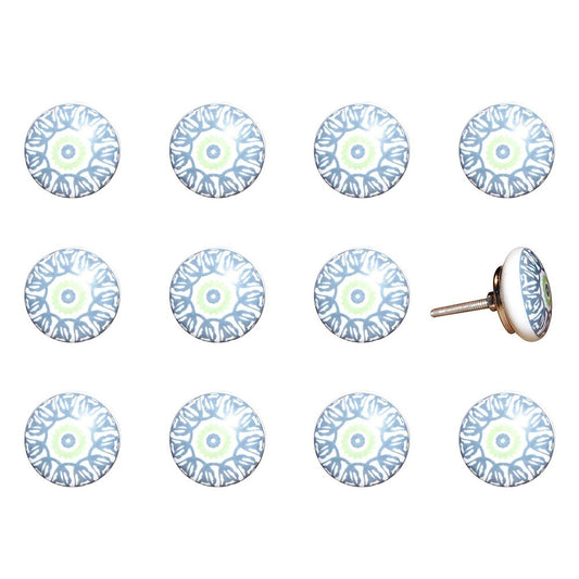 Set of Twelve White And Light Blue Metal And Ceramic Drawer Pull Knobs