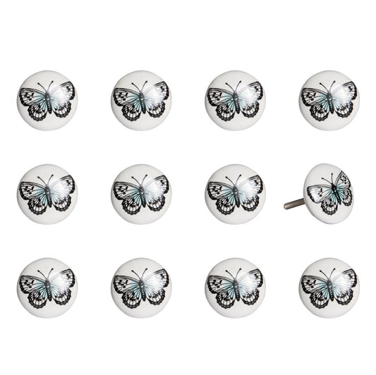 Set of Twelve Black And White Botanical Ceramic Drawer Pull Knobs