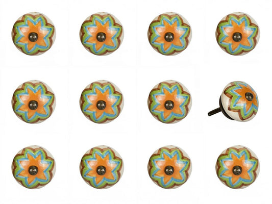 Set of Twelve Green And White Floral Ceramic Drawer Pull Knobs