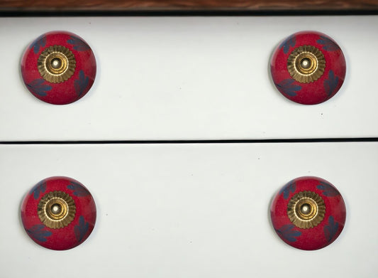 Set of Twelve Blue And Red Floral Ceramic Drawer Pull Knobs