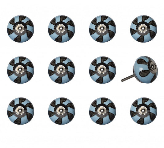 Set of Twelve Blue And Black Geometric Ceramic Drawer Pull Knobs