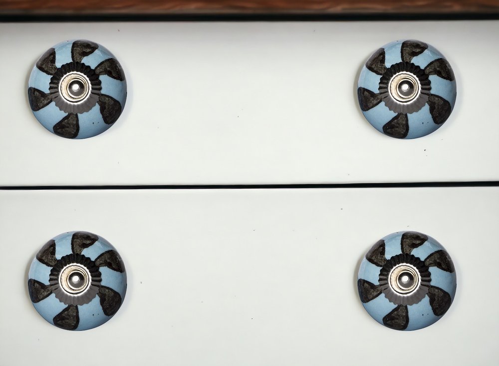 Set of Twelve Blue And Black Geometric Ceramic Drawer Pull Knobs