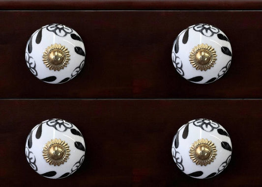 Set of Twelve Black And White Ceramic Drawer Pull Knobs