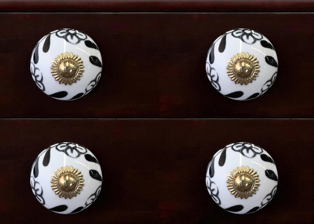 Set of Twelve Black And White Ceramic Drawer Pull Knobs