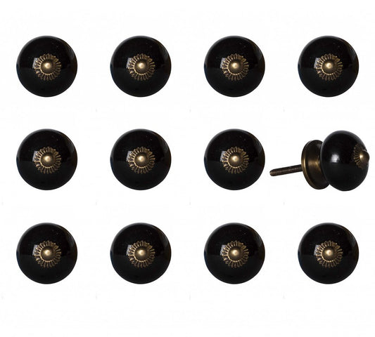 Set of Twelve Black And Gold Ceramic Drawer Pull Knobs