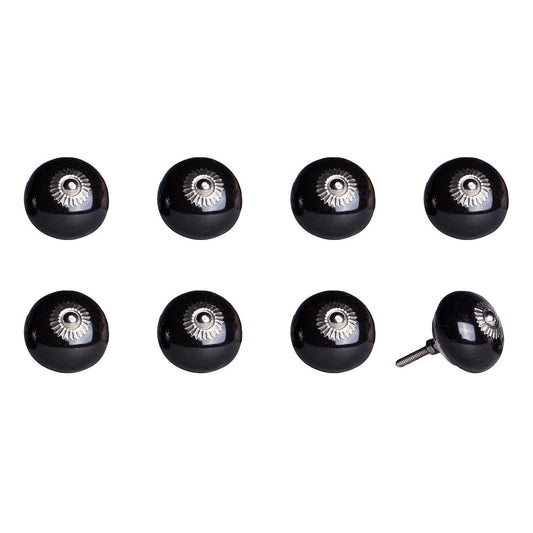 Set of Eight Black And Silver Ceramic Drawer Pull Knobs