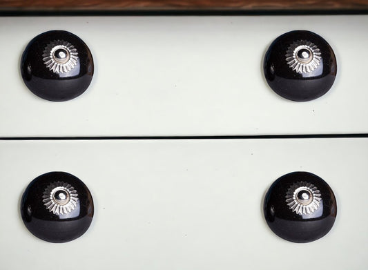 Set of Eight Black And Silver Ceramic Drawer Pull Knobs