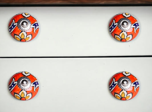 Set of Eight Orange And White Floral Ceramic Drawer Pull Knobs