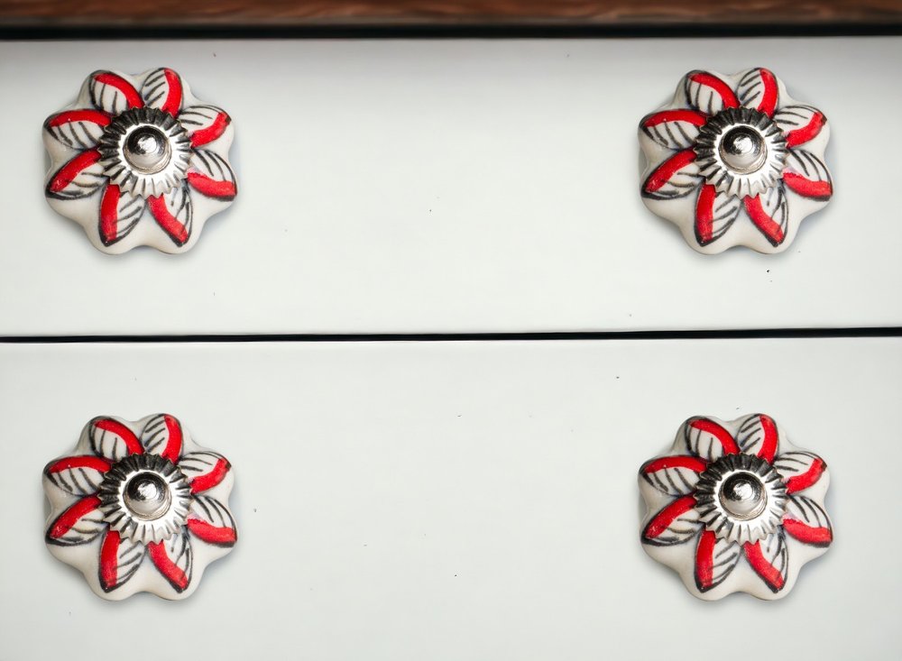 Set of Eight Red And White Floral Ceramic Drawer Pull Knobs