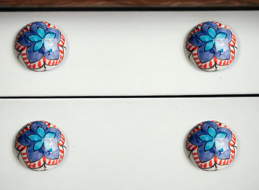 Set of Eight Blue And White Floral Ceramic Drawer Pull Knobs