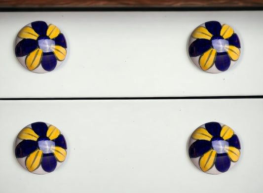 Set of Eight Blue And Yellow Floral Ceramic Drawer Pull Knobs