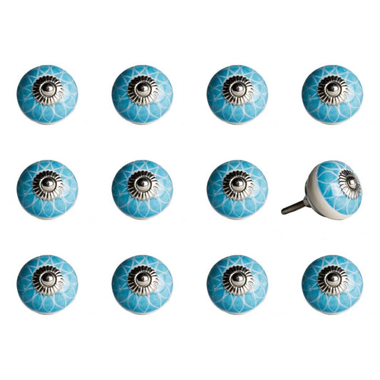 Set of Twelve Aqua White And Silver Geometric Ceramic Drawer Pull Knobs