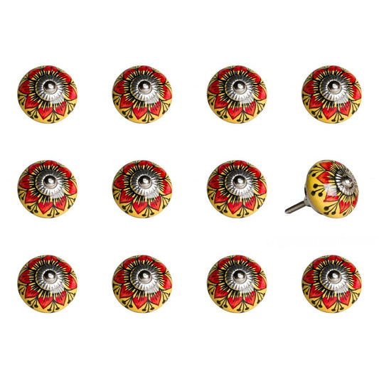 Set of Twelve Yellow And Black Floral Ceramic Drawer Pull Knobs