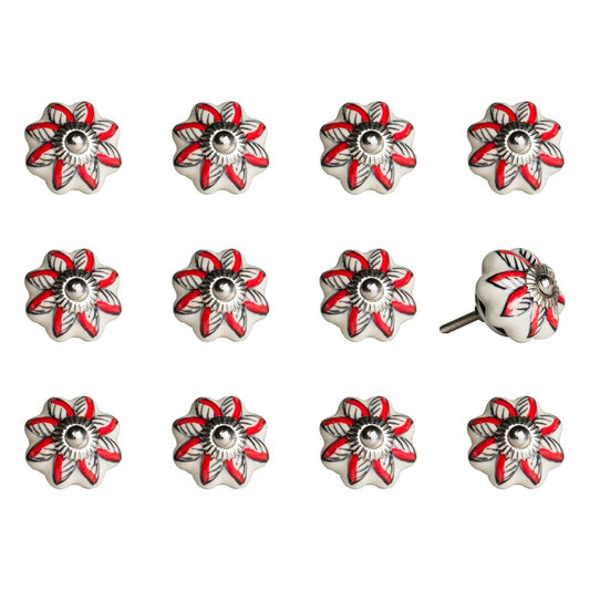 Set of Twelve Red And White Floral Ceramic Drawer Pull Knobs