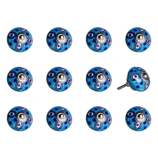 Set of Twelve Blue And White Botanical Ceramic Drawer Pull Knobs