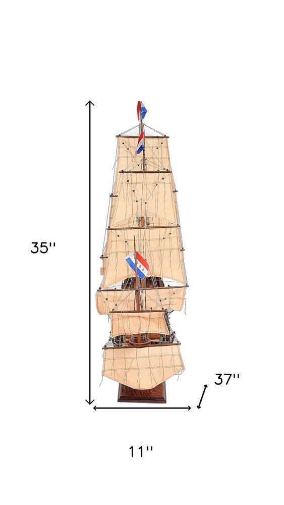 35" Brown Solid Wood Hand Painted Model Boat