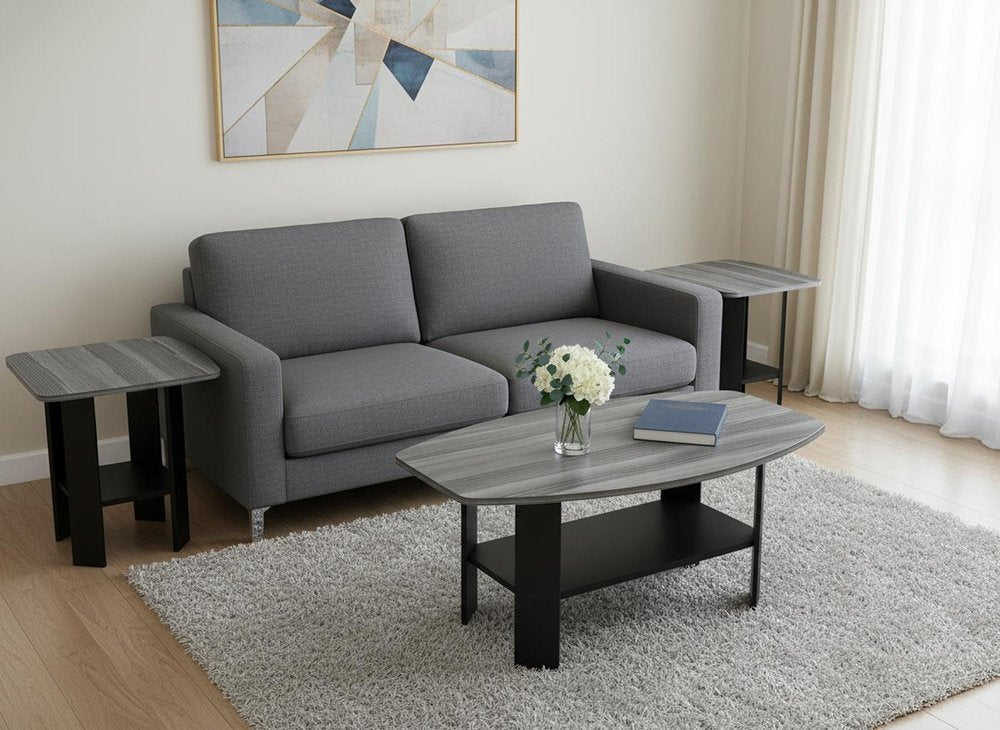 Set of Three 36" Gray And Black Wood Coffee Table With Shelf