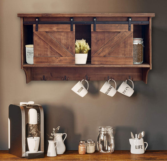 40" Brown Wood Five Hook Shelf With Barn Door Storage