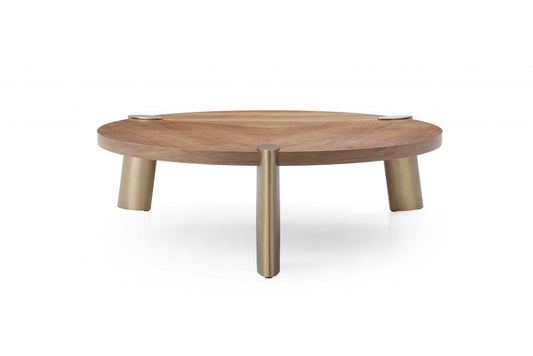 55" Brown and Gold Wood And Stainless Steel Round Coffee Table