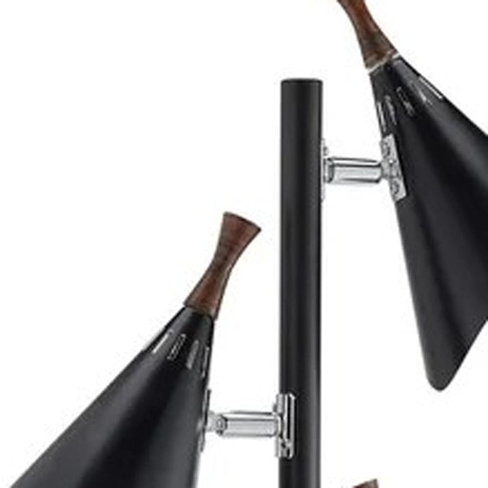 68" Black Three Light Tree Floor Lamp With Black Metal Cone Shade