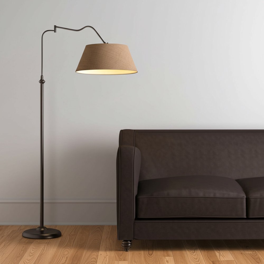 61" Bronze Arched Floor Lamp With Brown Fabric Empire Shade