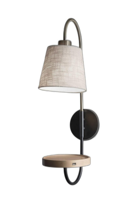 Antique Brass And Black Metal USB Charging Station Wall Lamp With Wood Shelf