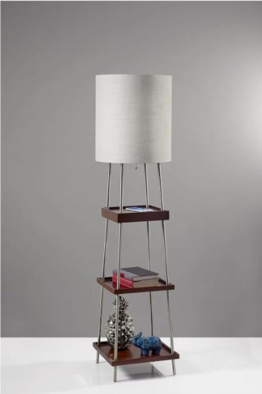 63" Brown And White Column Floor Lamp With White Fabric Drum Shade