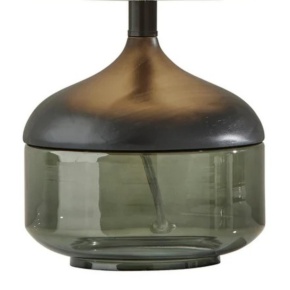 16" Black And Dark Green Wood And Smoked Glass Table Lamp With Beige Drum Shade