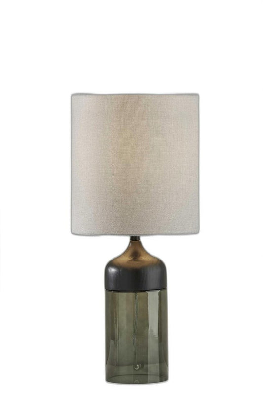 23" Black Wood And Smoked Glass Bedside Lamp With Gray Drum Shade