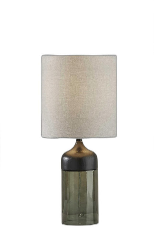 23" Black Wood And Smoked Glass Bedside Lamp With Gray Drum Shade