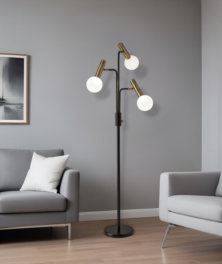 70" Black And Bronze Three Light LED Tree Floor Lamp With White