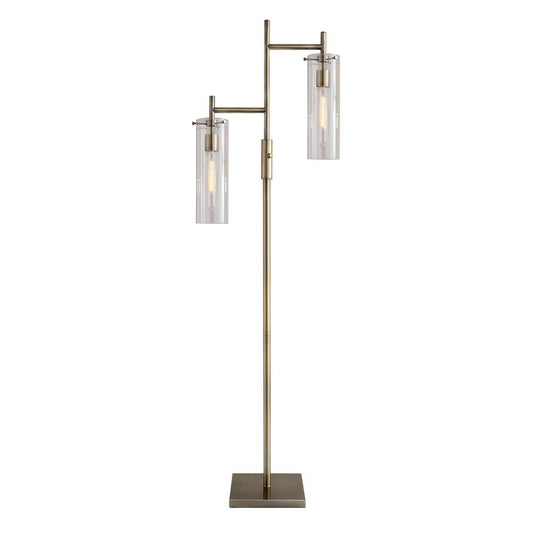 Brass Metal Two Light Novelty Floor Lamp With Clear Glass Drum Shade
