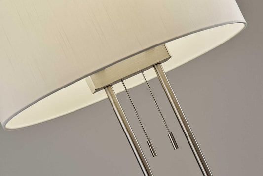 62" Silver Metal Task Floor Lamp With White Fabric Drum Shade