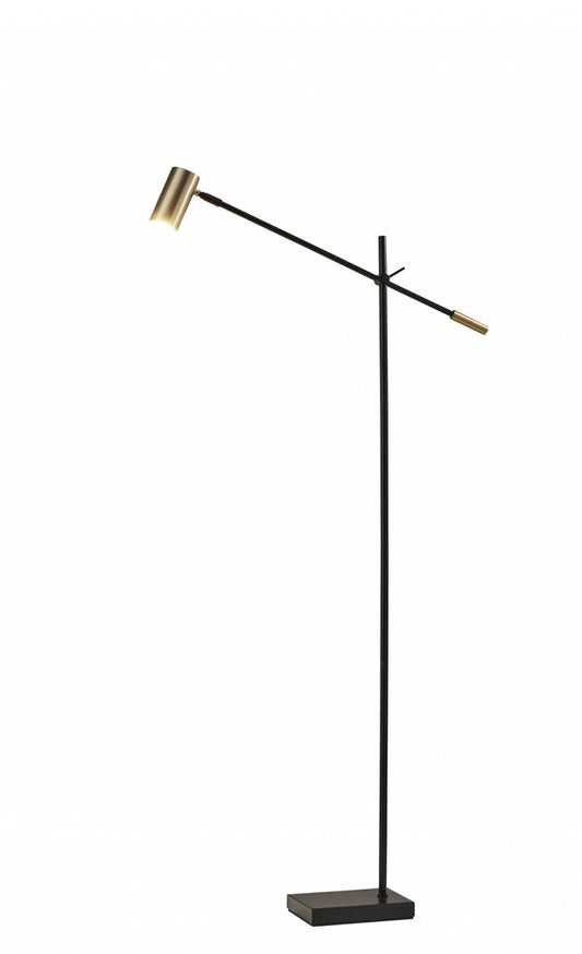 63" Black And Gold Adjustable LED Task Floor Lamp With Antiqued Brass Metal Cylinder Shade