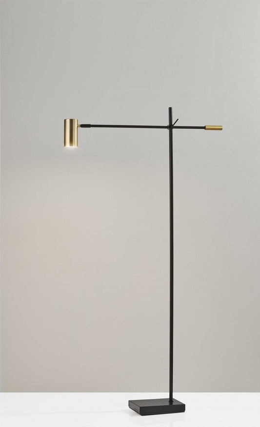 63" Black And Gold Adjustable LED Task Floor Lamp With Antiqued Brass Metal Cylinder Shade